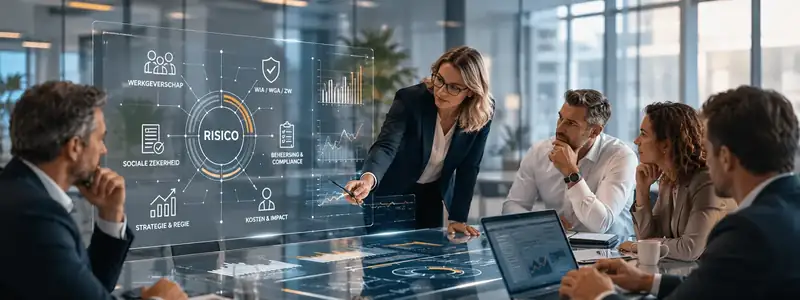 Boardroom met adviseurs en risico-dashboard